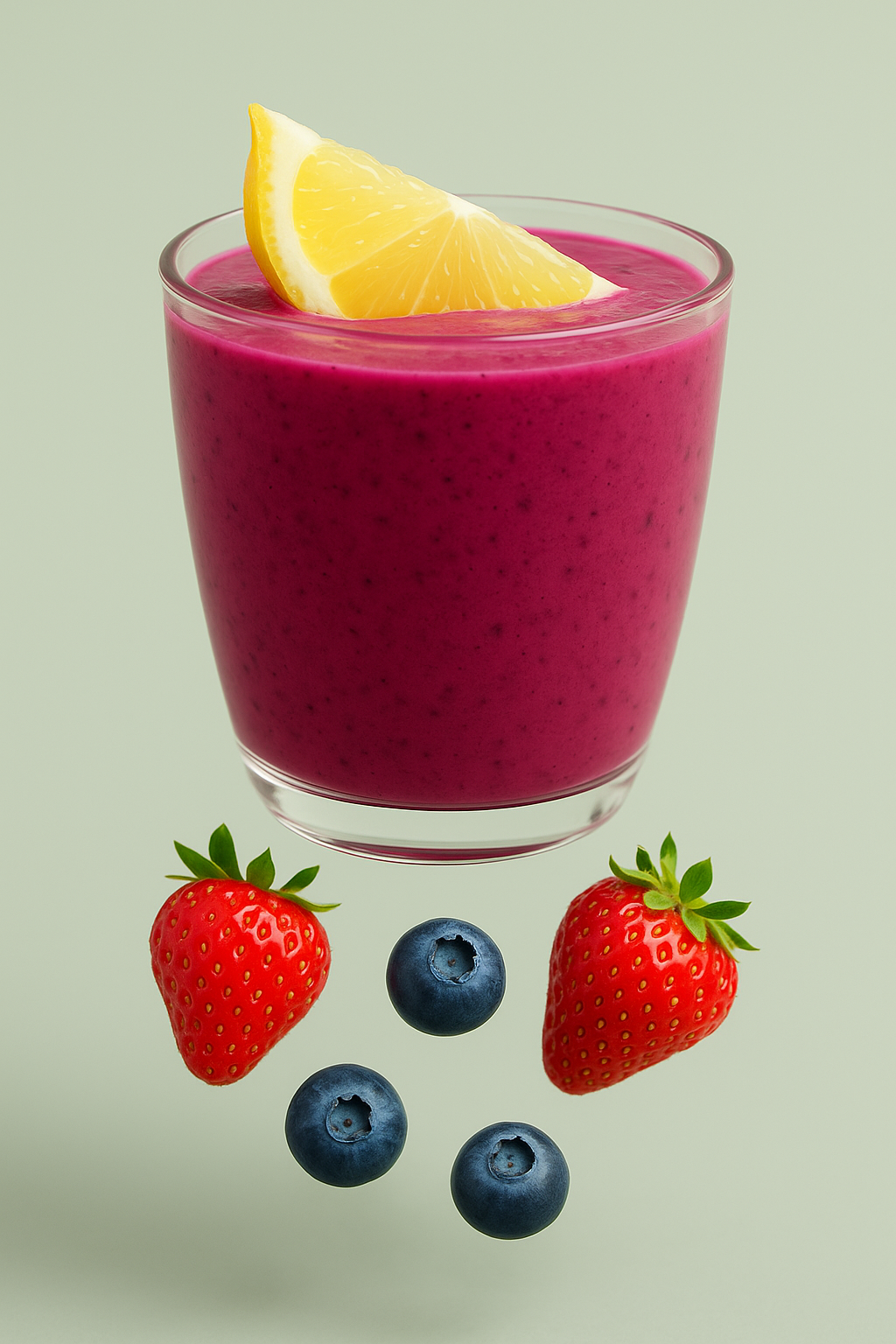 A smoothie recipe called the elixir of youth: berries, kefir, and lemon in a glass of energy